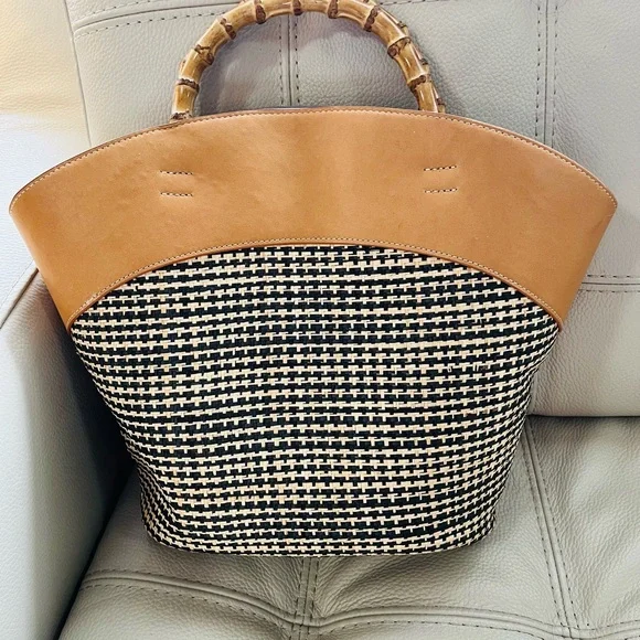 J McLaughlin Elpis Woven Straw Handbag Bamboo Handles Leather Upper Trim. - Picture 1 of 13